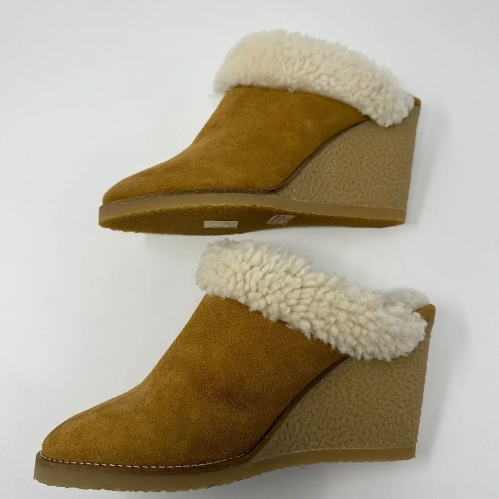 Isabel Marant's Tan Suede Leather Sherling 'Takita' Slip On Mule Wedges